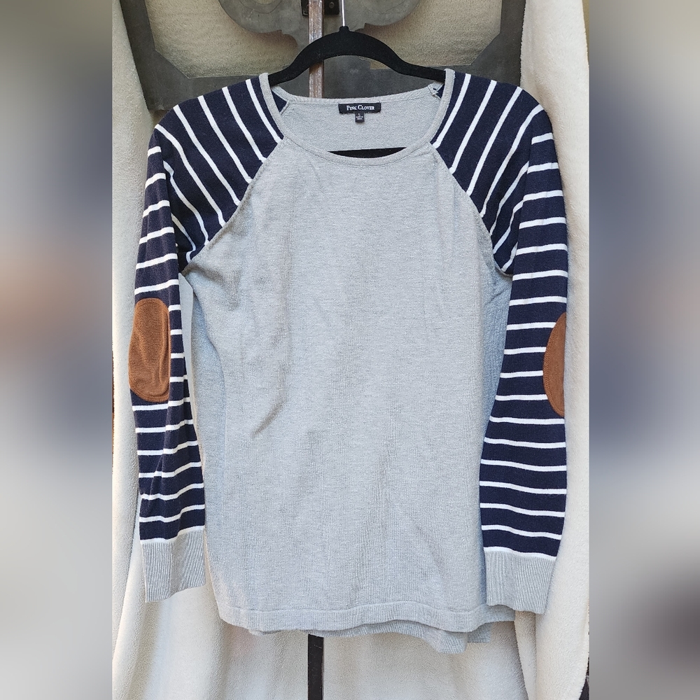 Stich Fix Pink Clover gray top. navy & white striped sleeve. elbow patches. L